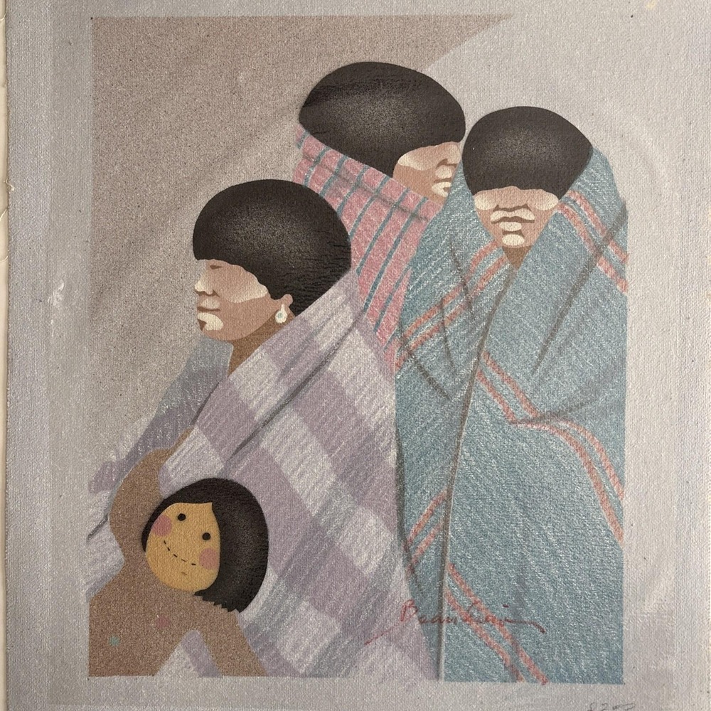 Airbrushed Canvas Art Native Blanket‎ Figures Signed 13x11 80s Style